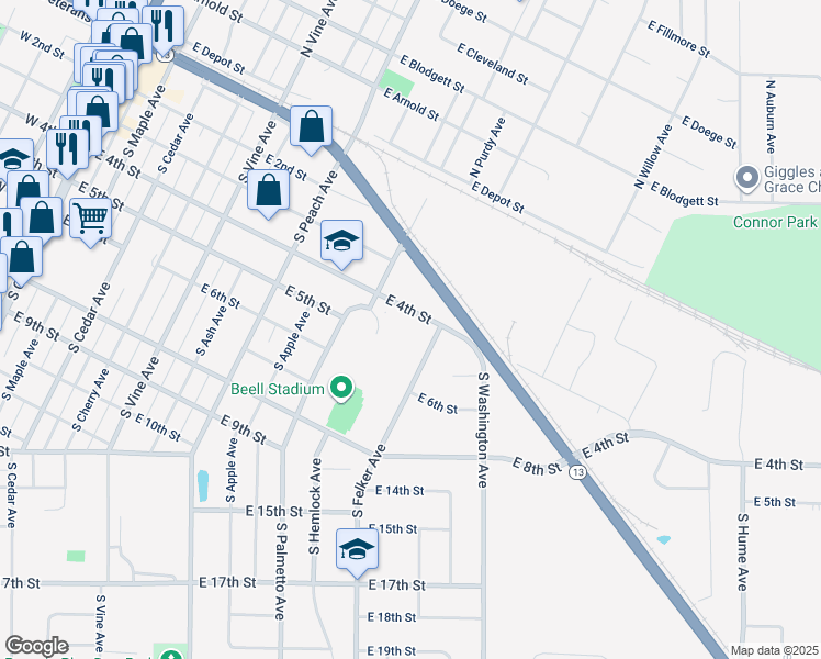 map of restaurants, bars, coffee shops, grocery stores, and more near 1108 East 4th Street in Marshfield