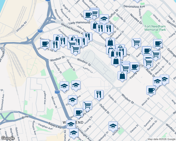 map of restaurants, bars, coffee shops, grocery stores, and more near 3346 Ashton Lane in Halifax