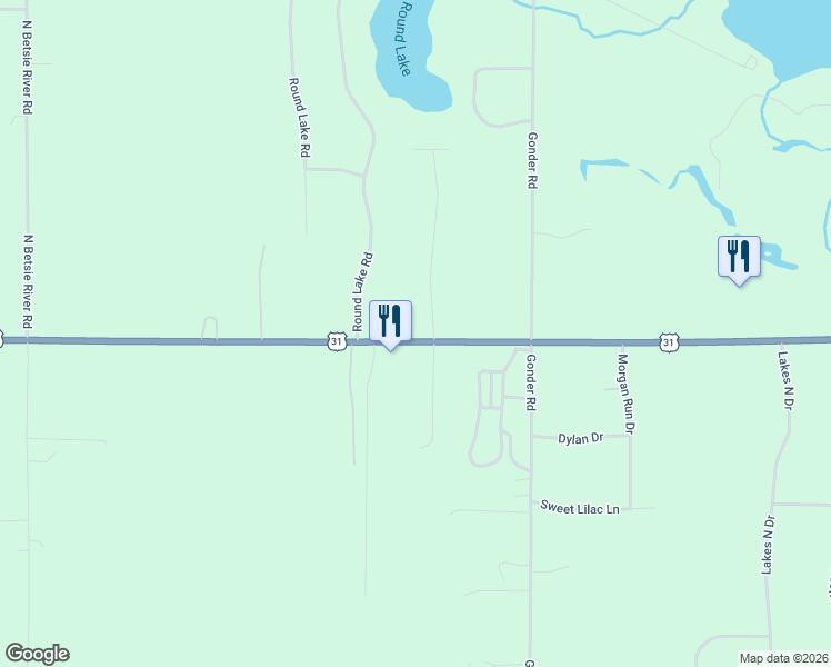 map of restaurants, bars, coffee shops, grocery stores, and more near 1906 Old Cabin Drive in Interlochen