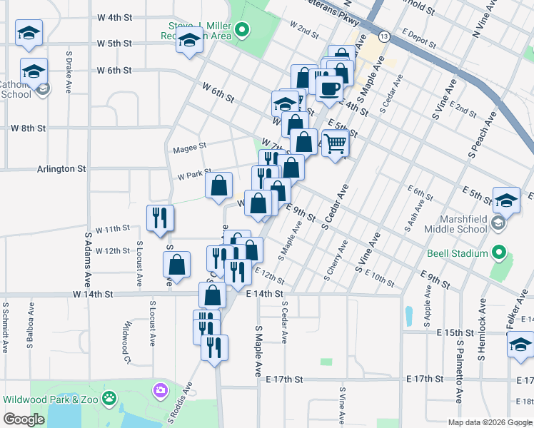 map of restaurants, bars, coffee shops, grocery stores, and more near 118 West 9th Street in Marshfield
