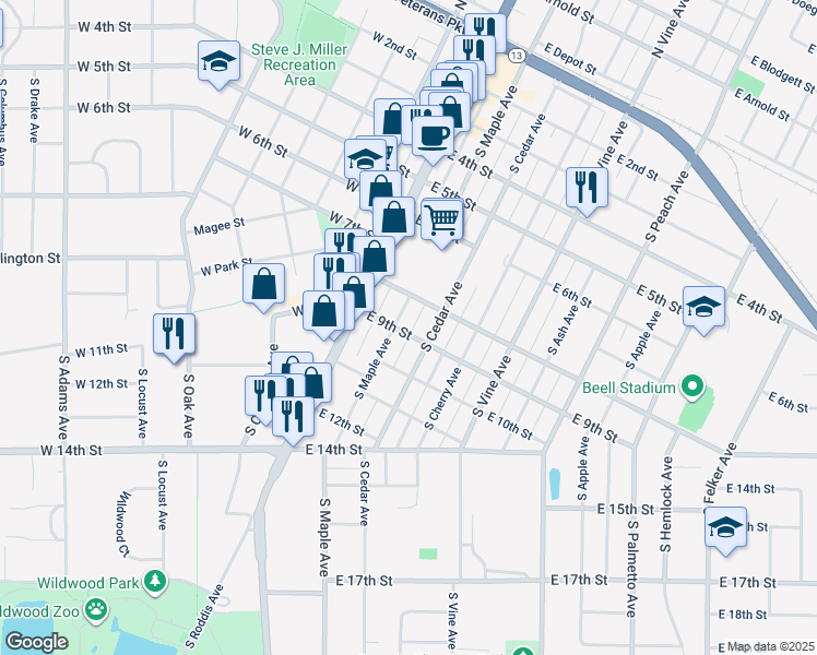 map of restaurants, bars, coffee shops, grocery stores, and more near 205 East 9th Street in Marshfield