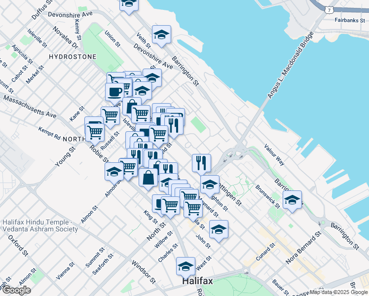 map of restaurants, bars, coffee shops, grocery stores, and more near 2725 Gottingen Street in Halifax