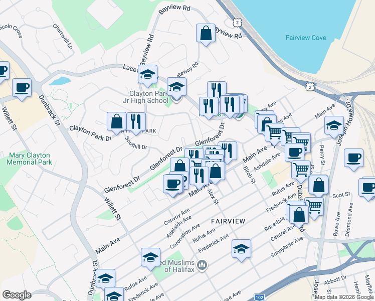 map of restaurants, bars, coffee shops, grocery stores, and more near 78 Glenforest Drive in Halifax