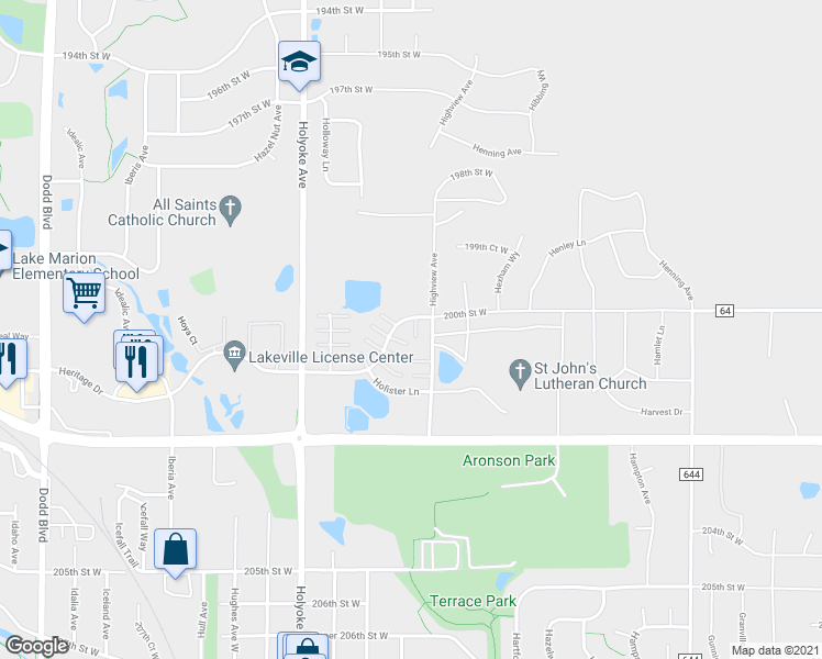 map of restaurants, bars, coffee shops, grocery stores, and more near 20009 Heritage Drive in Lakeville