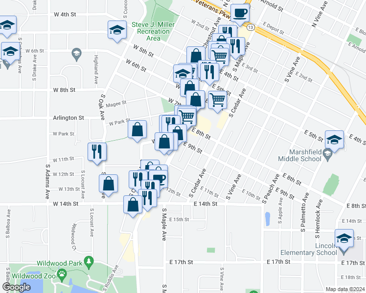 map of restaurants, bars, coffee shops, grocery stores, and more near 851 Wisconsin 13 Business in Marshfield