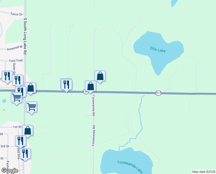 map of restaurants, bars, coffee shops, grocery stores, and more near 8834-8920 U.S. 31 in Grawn
