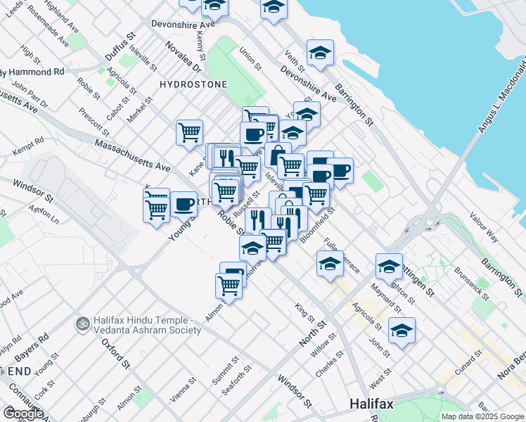 map of restaurants, bars, coffee shops, grocery stores, and more near Agricola Street in Halifax