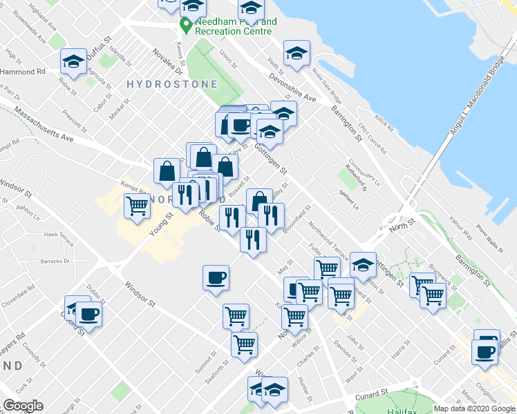 map of restaurants, bars, coffee shops, grocery stores, and more near 5673 Bilby Street in Halifax