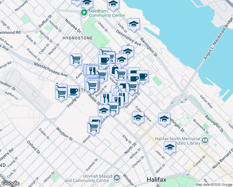 map of restaurants, bars, coffee shops, grocery stores, and more near 5673 Bilby Street in Halifax