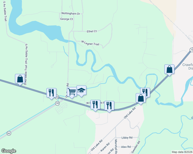 map of restaurants, bars, coffee shops, grocery stores, and more near 6300-6368 Hanner Trail in Grayling