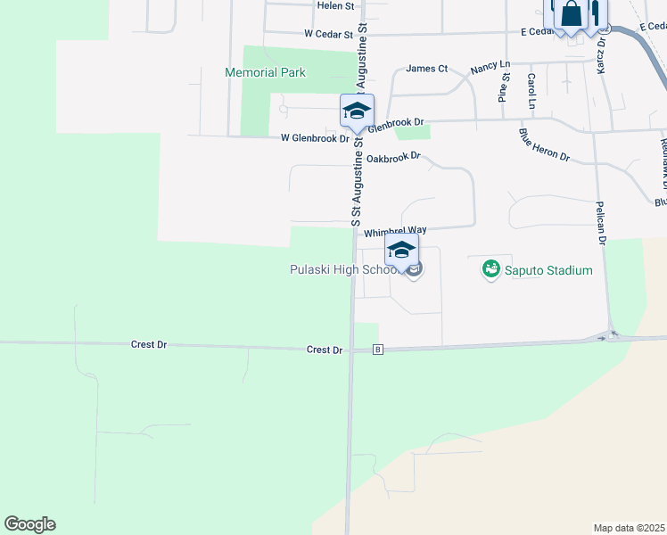 map of restaurants, bars, coffee shops, grocery stores, and more near N2183 South Saint Augustine Street in Pulaski