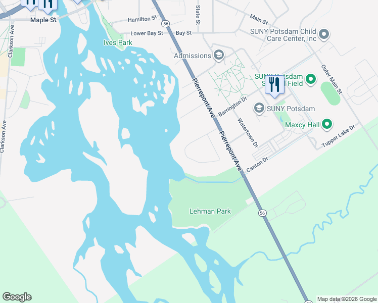map of restaurants, bars, coffee shops, grocery stores, and more near 14 Hillcrest Dr in Potsdam