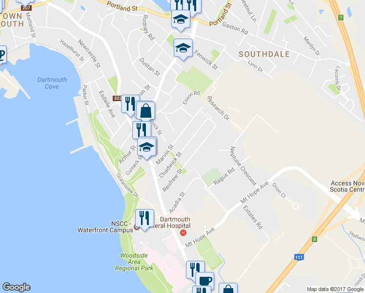 map of restaurants, bars, coffee shops, grocery stores, and more near 41 Chadwick Street in Dartmouth
