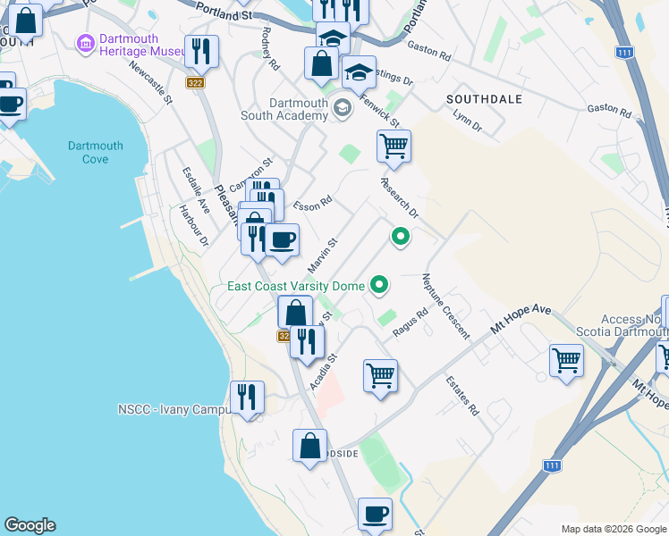 map of restaurants, bars, coffee shops, grocery stores, and more near 41 Chadwick Street in Dartmouth