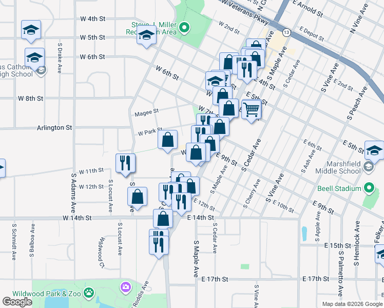 map of restaurants, bars, coffee shops, grocery stores, and more near 118 West 9th Street in Marshfield