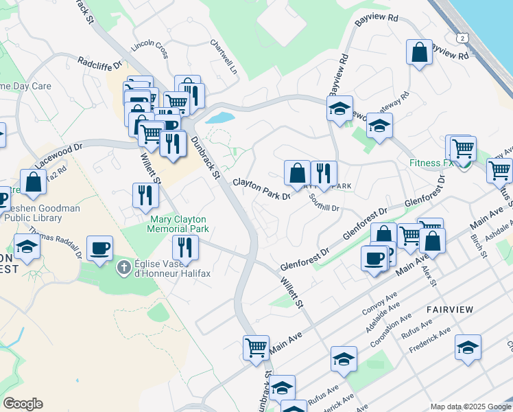 map of restaurants, bars, coffee shops, grocery stores, and more near 4 Forestside Crescent in Halifax