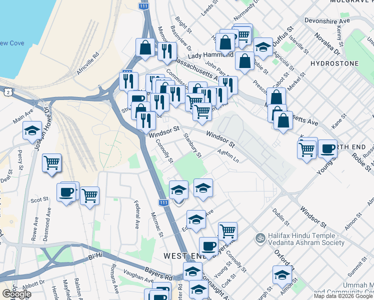 map of restaurants, bars, coffee shops, grocery stores, and more near 6421 Dudley Street in Halifax