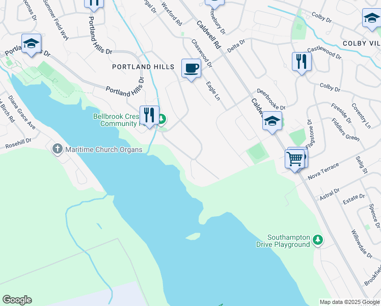 map of restaurants, bars, coffee shops, grocery stores, and more near 76 Pebble Creek Crescent in Dartmouth