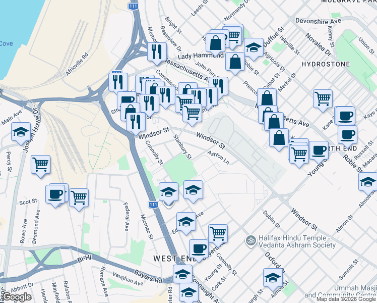 map of restaurants, bars, coffee shops, grocery stores, and more near 3445 Stanbury Street in Halifax