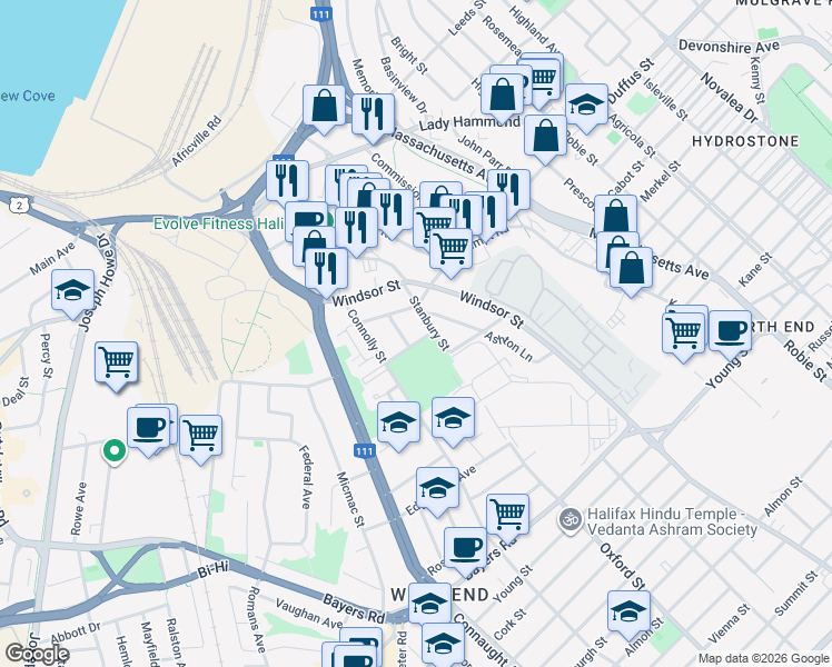 map of restaurants, bars, coffee shops, grocery stores, and more near 6421 Dudley Street in Halifax