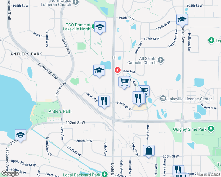 map of restaurants, bars, coffee shops, grocery stores, and more near 20017 Dodd Boulevard in Lakeville
