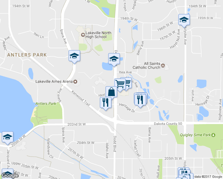 map of restaurants, bars, coffee shops, grocery stores, and more near 20017 Dodd Boulevard in Lakeville