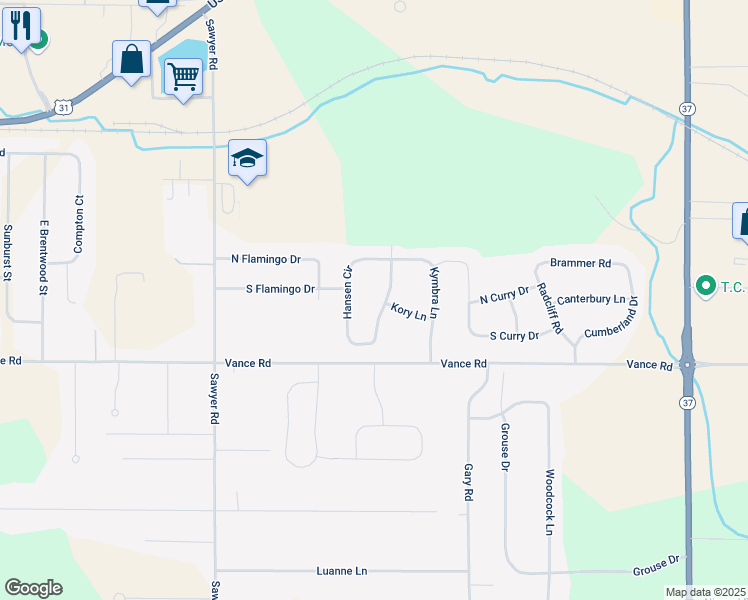 map of restaurants, bars, coffee shops, grocery stores, and more near 1955 Hansen Circle in Traverse City