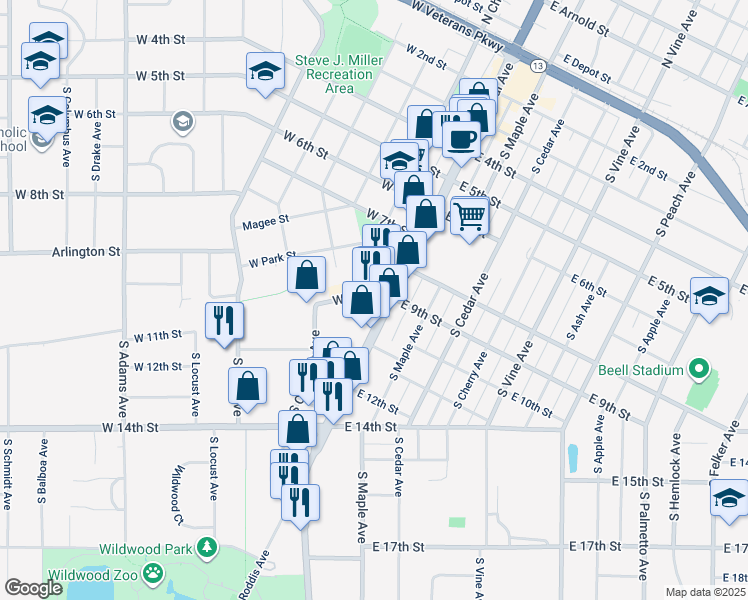 map of restaurants, bars, coffee shops, grocery stores, and more near 108 West 9th Street in Marshfield