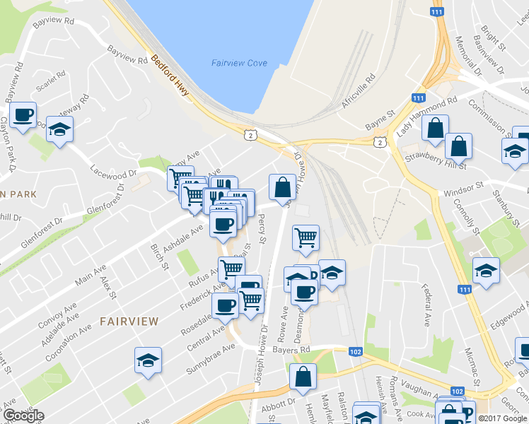 map of restaurants, bars, coffee shops, grocery stores, and more near 3677 Percy Street in Halifax