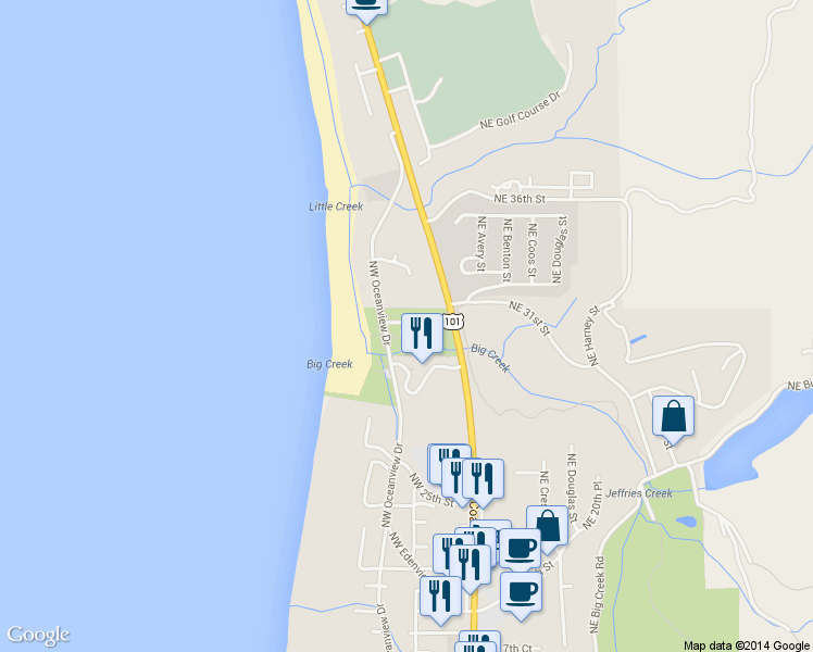 map of restaurants, bars, coffee shops, grocery stores, and more near Agate Beach State Wayside in Newport