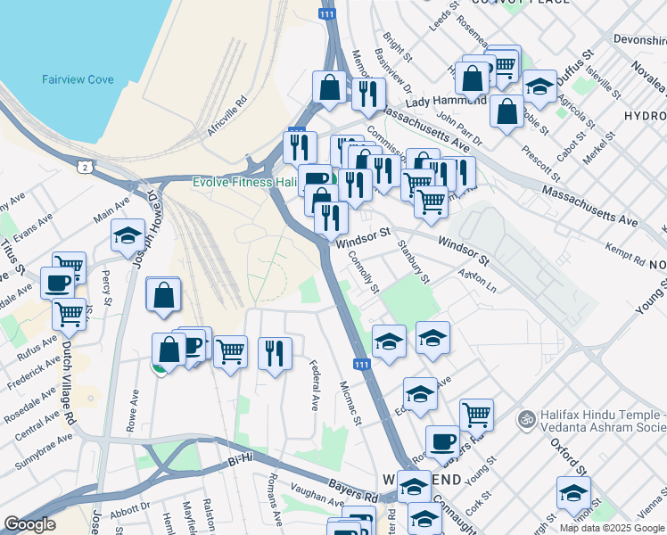 map of restaurants, bars, coffee shops, grocery stores, and more near 3565 Connaught Avenue in Halifax