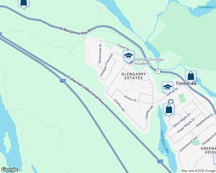 map of restaurants, bars, coffee shops, grocery stores, and more near 105 Charles Road in Timberlea