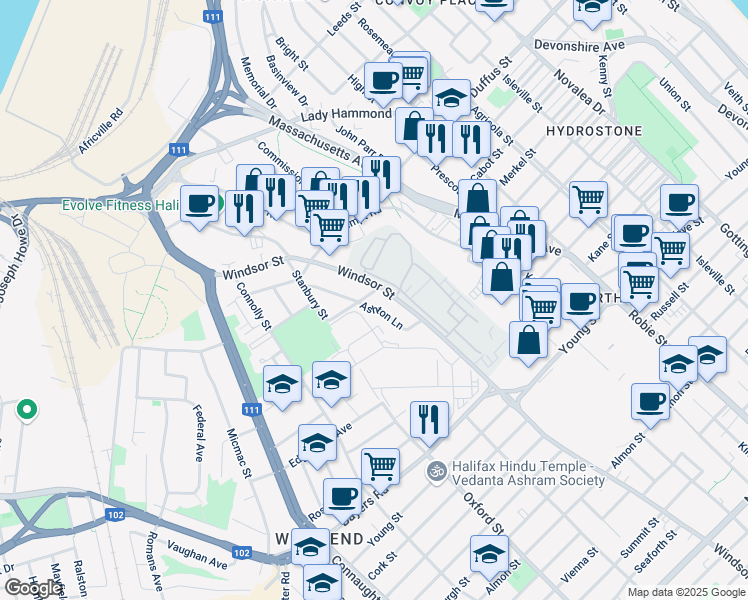 map of restaurants, bars, coffee shops, grocery stores, and more near 6330 Maxwell Avenue in Halifax
