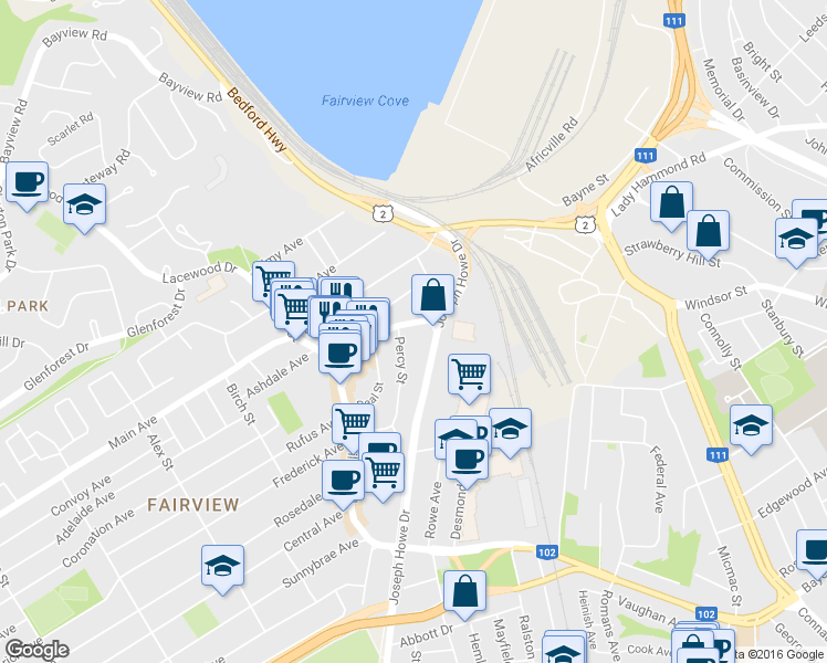 map of restaurants, bars, coffee shops, grocery stores, and more near 3677 Percy Street in Halifax