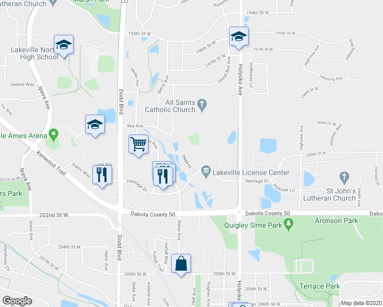 map of restaurants, bars, coffee shops, grocery stores, and more near 20052 Homestead Court in Lakeville