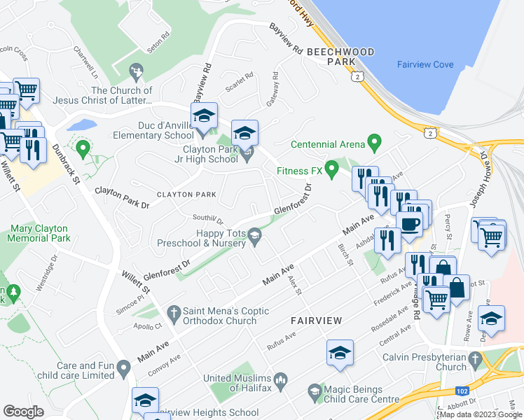map of restaurants, bars, coffee shops, grocery stores, and more near 3 Oakburn Court in Halifax