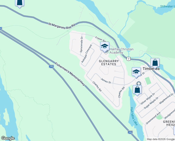 map of restaurants, bars, coffee shops, grocery stores, and more near 105 Charles Road in Timberlea
