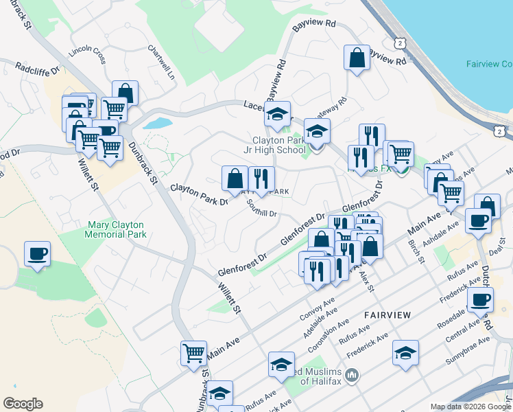map of restaurants, bars, coffee shops, grocery stores, and more near 53 Southill Drive in Halifax