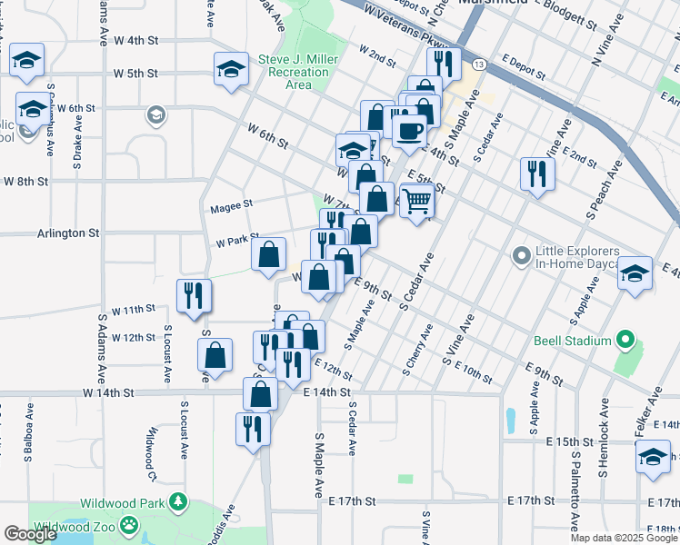 map of restaurants, bars, coffee shops, grocery stores, and more near 108 West 9th Street in Marshfield