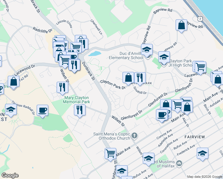 map of restaurants, bars, coffee shops, grocery stores, and more near 19 Forestside Crescent in Halifax
