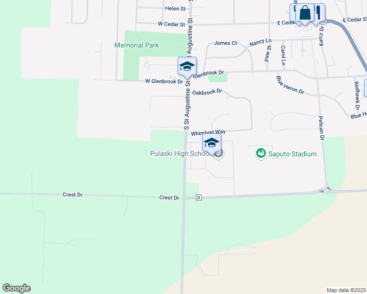 map of restaurants, bars, coffee shops, grocery stores, and more near N2183 South Saint Augustine Street in Pulaski