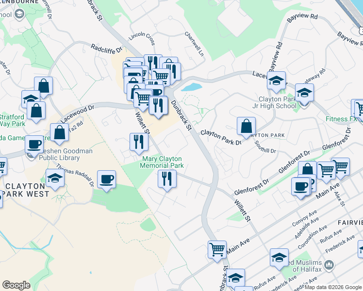 map of restaurants, bars, coffee shops, grocery stores, and more near 66 Harlington Crescent in Halifax