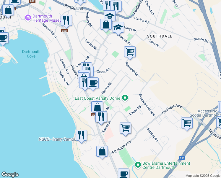 map of restaurants, bars, coffee shops, grocery stores, and more near 45 Chadwick Street in Dartmouth