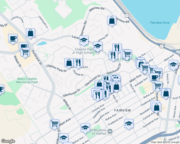 map of restaurants, bars, coffee shops, grocery stores, and more near 51 Woodward Crescent in Halifax