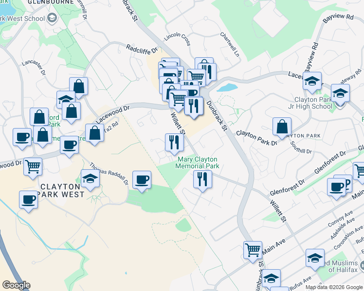 map of restaurants, bars, coffee shops, grocery stores, and more near 1 Sheradon Place in Halifax