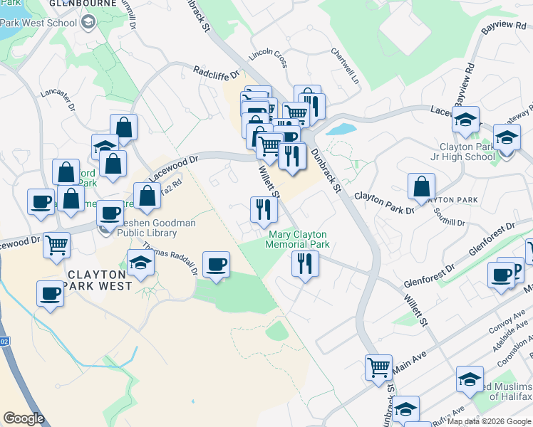map of restaurants, bars, coffee shops, grocery stores, and more near 82 Sheradon Place in Halifax