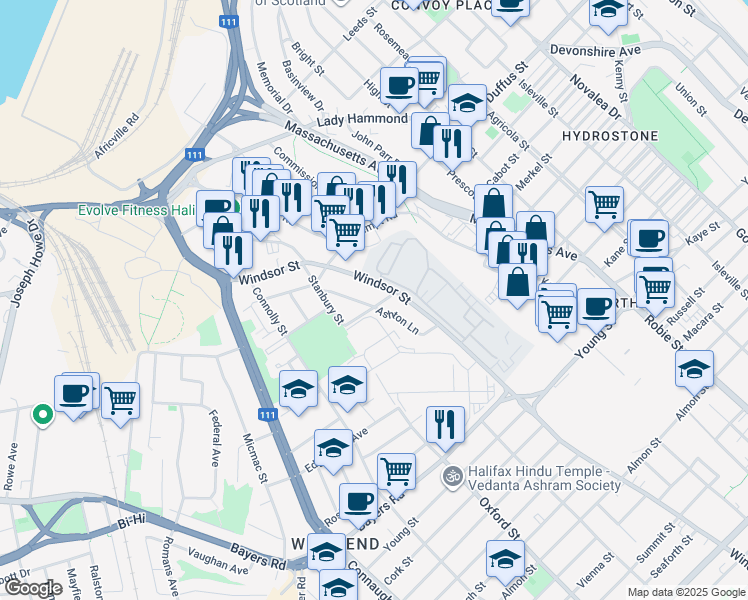 map of restaurants, bars, coffee shops, grocery stores, and more near 3381 Claremont Street in Halifax