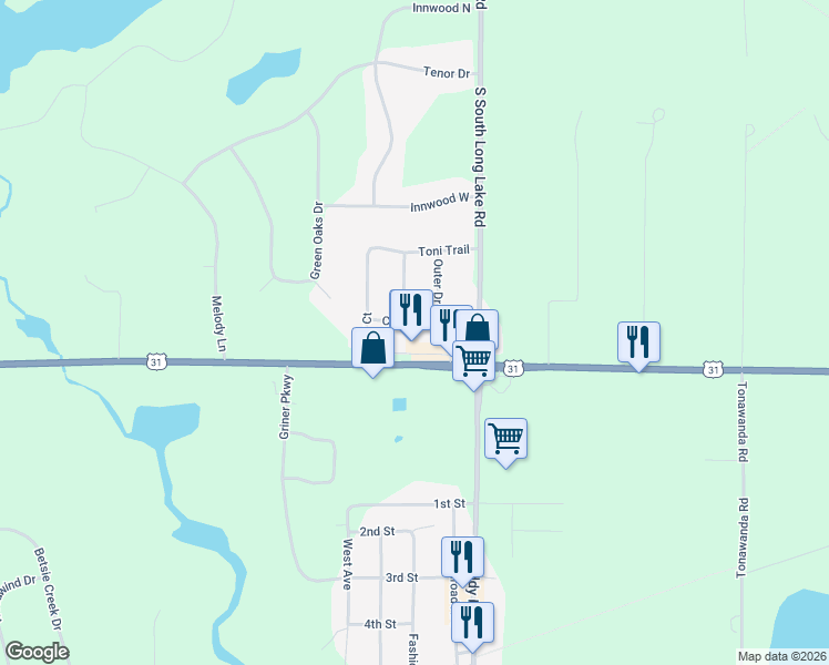 map of restaurants, bars, coffee shops, grocery stores, and more near 9501-9539 Circle Drive in Interlochen