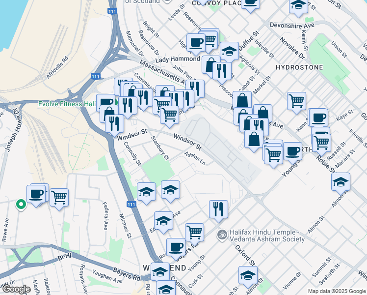 map of restaurants, bars, coffee shops, grocery stores, and more near 3381 Claremont Street in Halifax