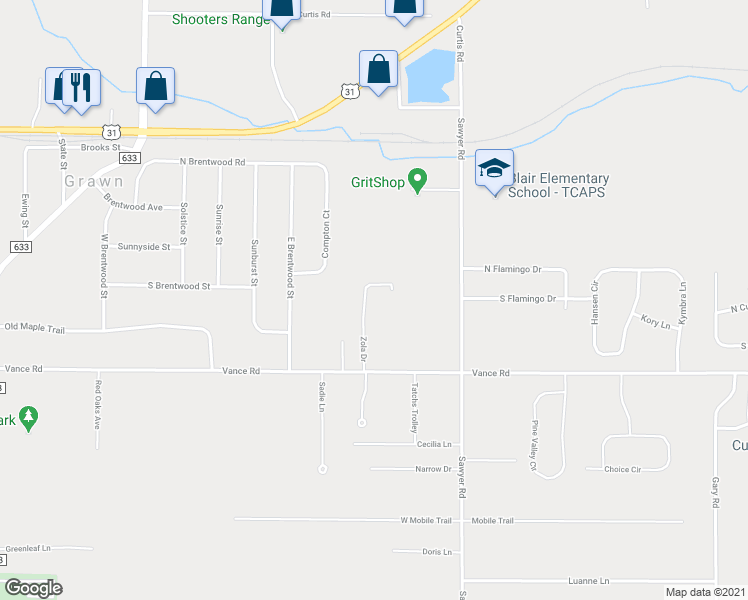 map of restaurants, bars, coffee shops, grocery stores, and more near 1879 Zola Drive in Grawn